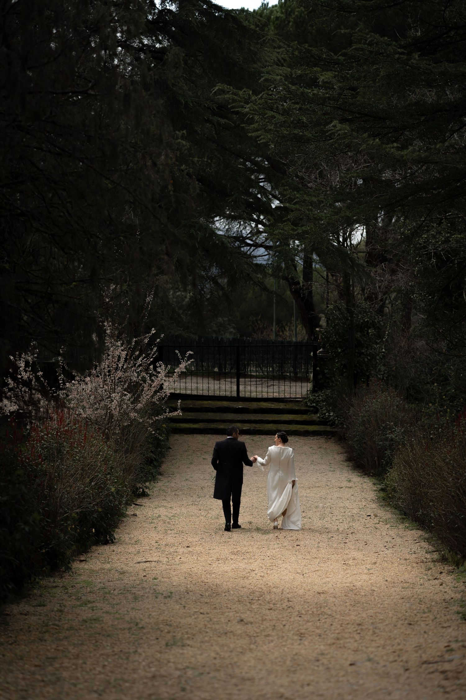 A couple walks hand in hand down a tree-lined path during their wedding day.