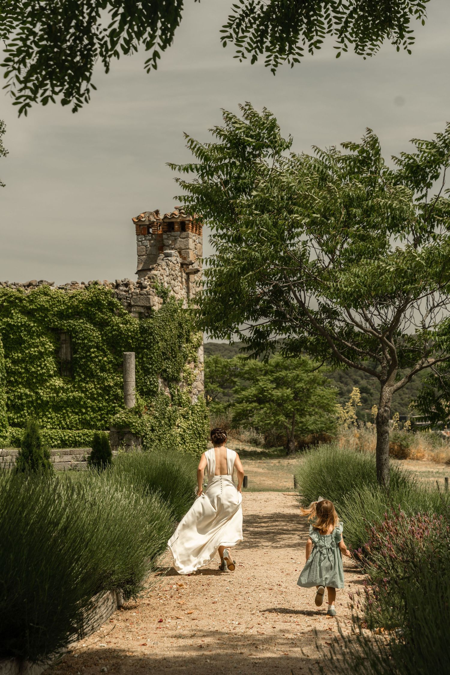 Garden pathway lined with lavender leading to stone architecture.