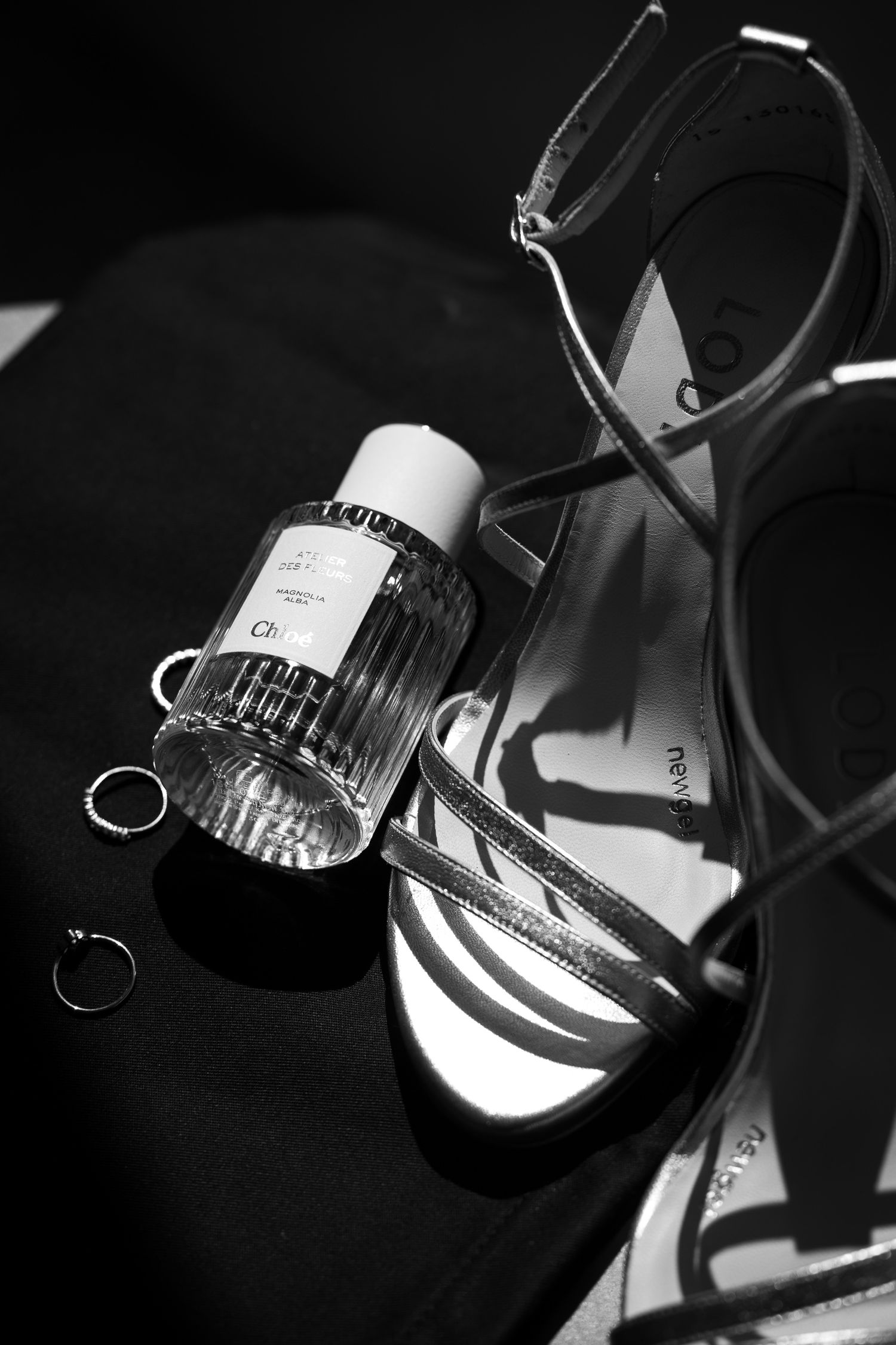 Wedding rings photographed in dramatic black and white lighting.