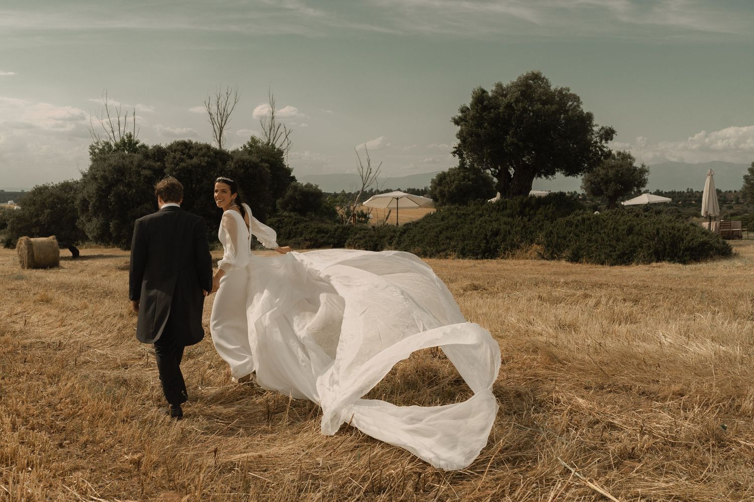 A flowing white wedding veil billows in the wind across a golden field during sunset.