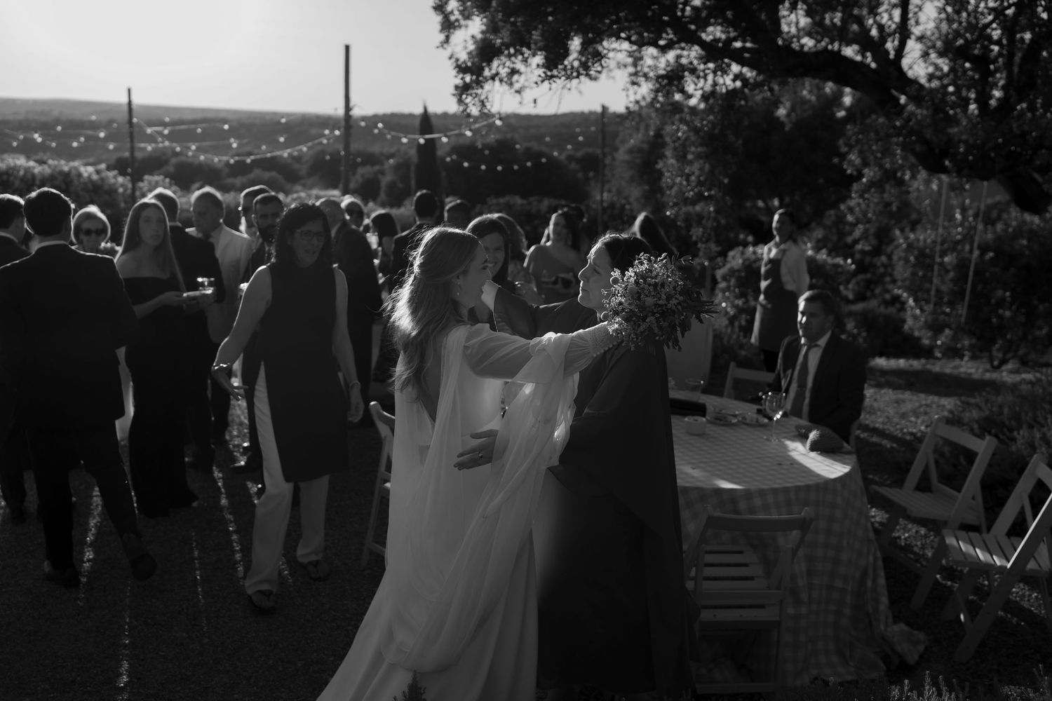 Wedding ceremony guests gathered outdoors with cypress trees in the background.