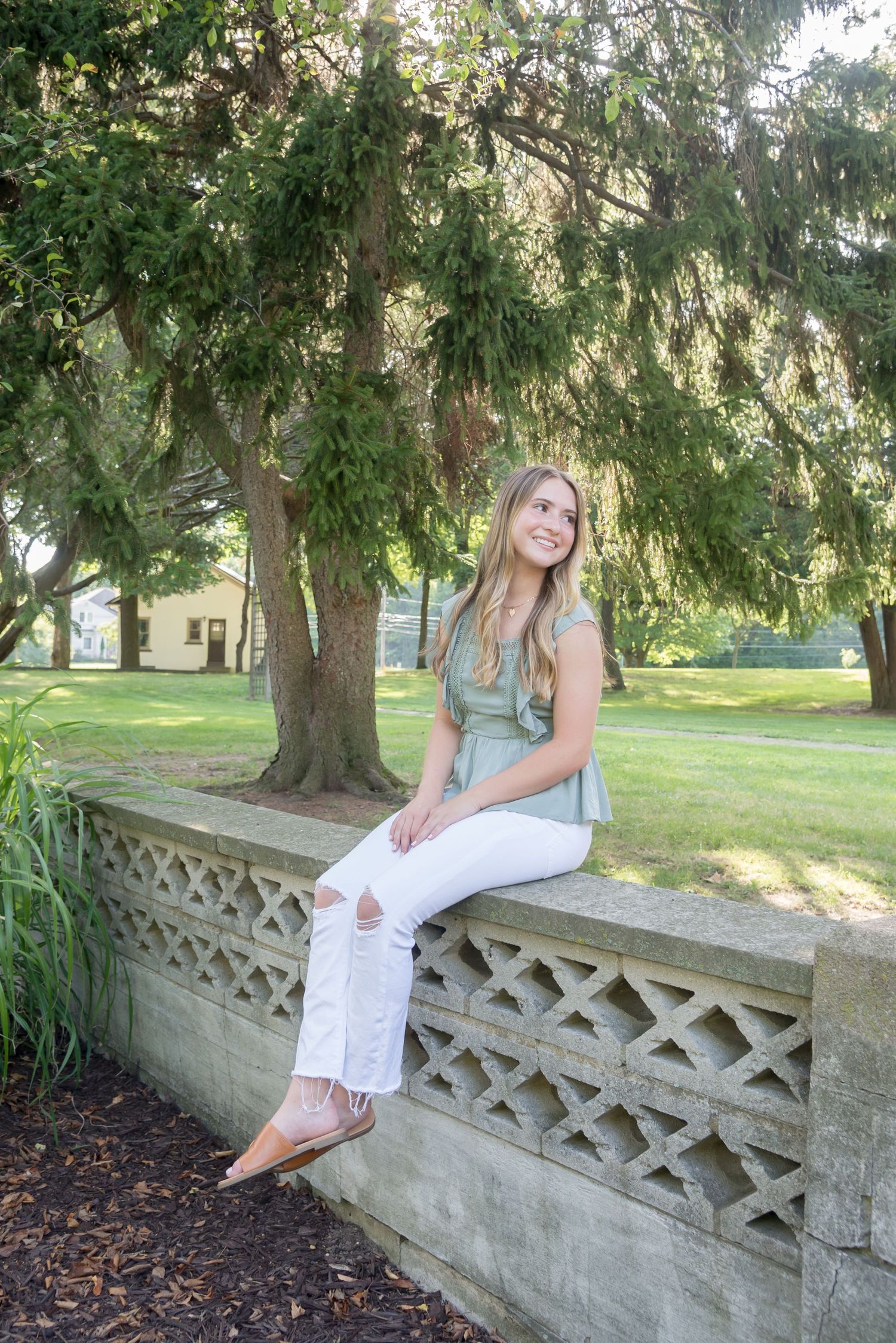 Outdoor photos on a decorative concrete wall under evergreen trees.