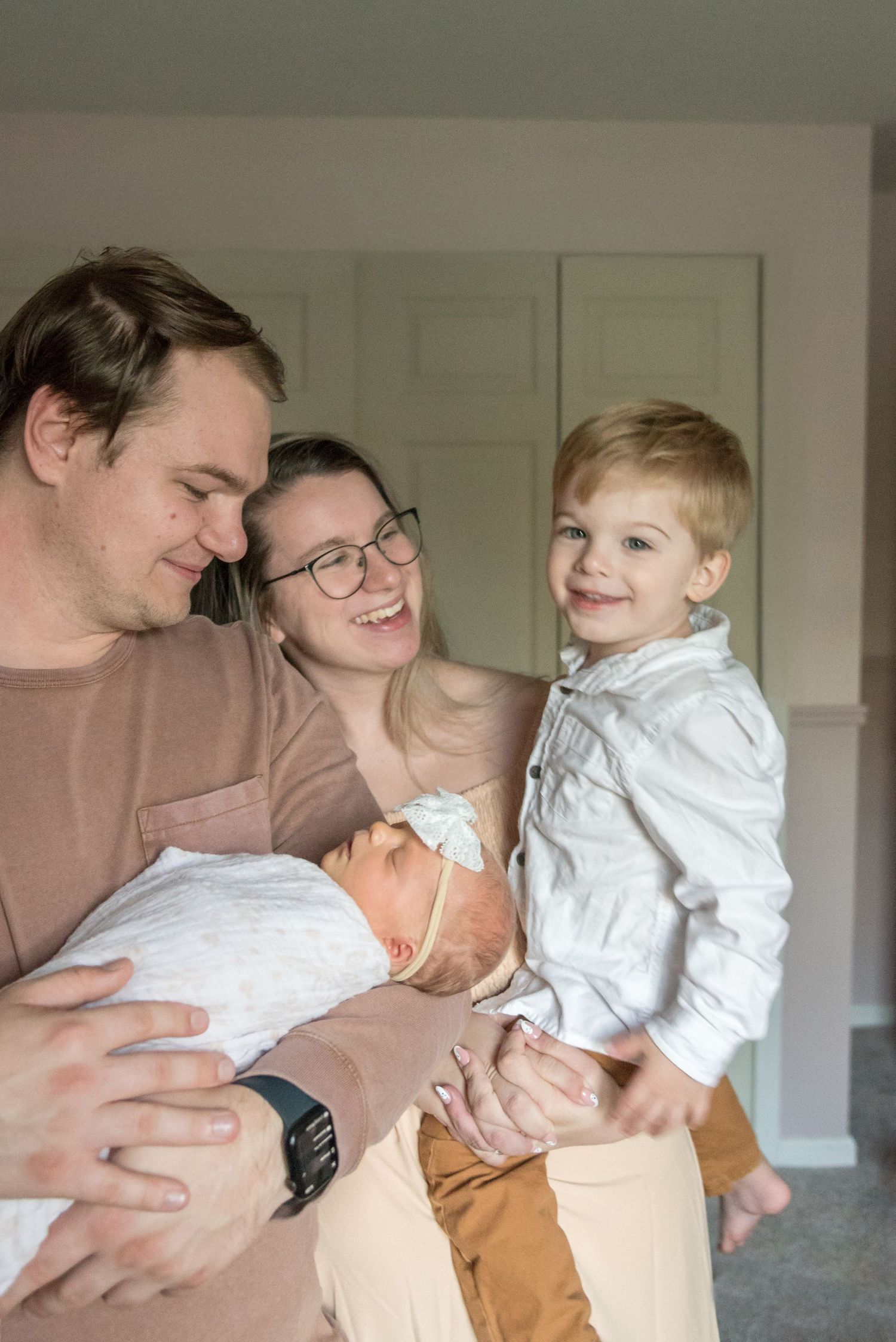 A heartwarming series of candid family moments showing playful interaction indoors.
