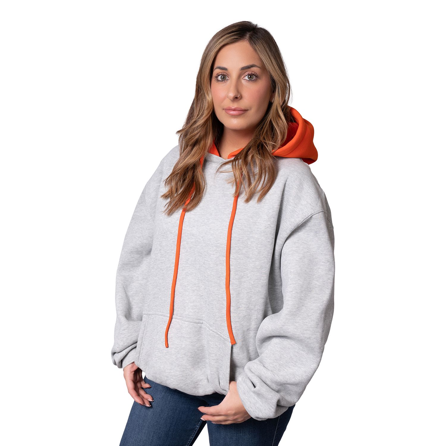 Person wearing a cropped gray hoodie with orange accents and drawstrings shown from multiple angles.