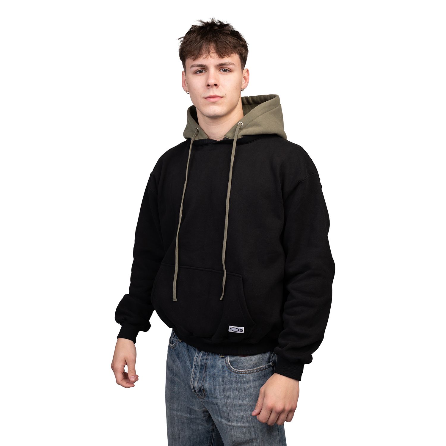 Person in black hoodie and jeans shown from different angles in casual studio poses against white background.