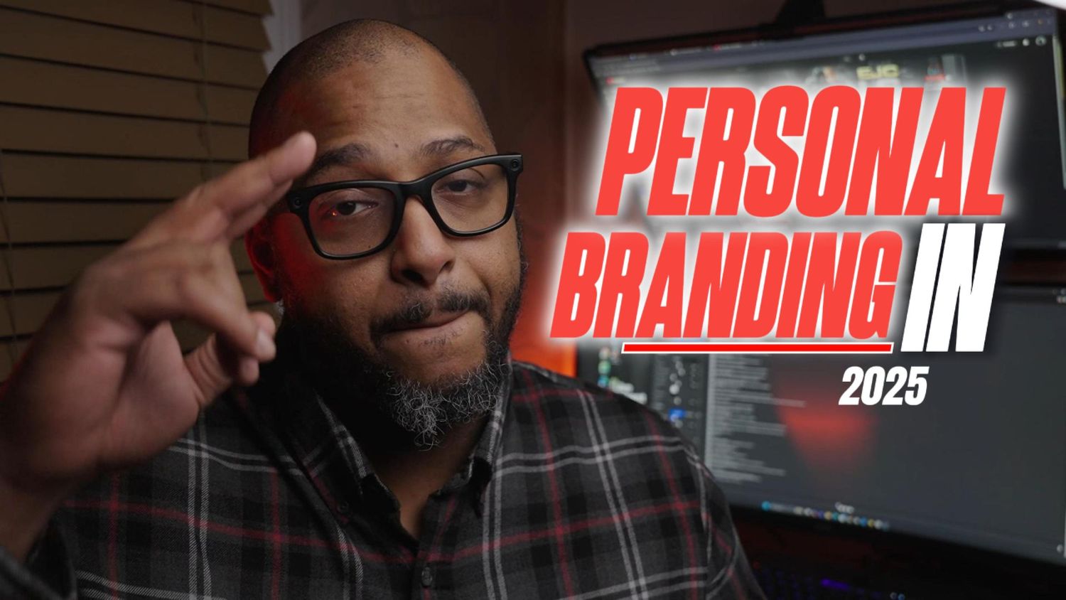 A series of darkly lit promotional photos showing someone wearing glasses and a dark outfit against red text branding.