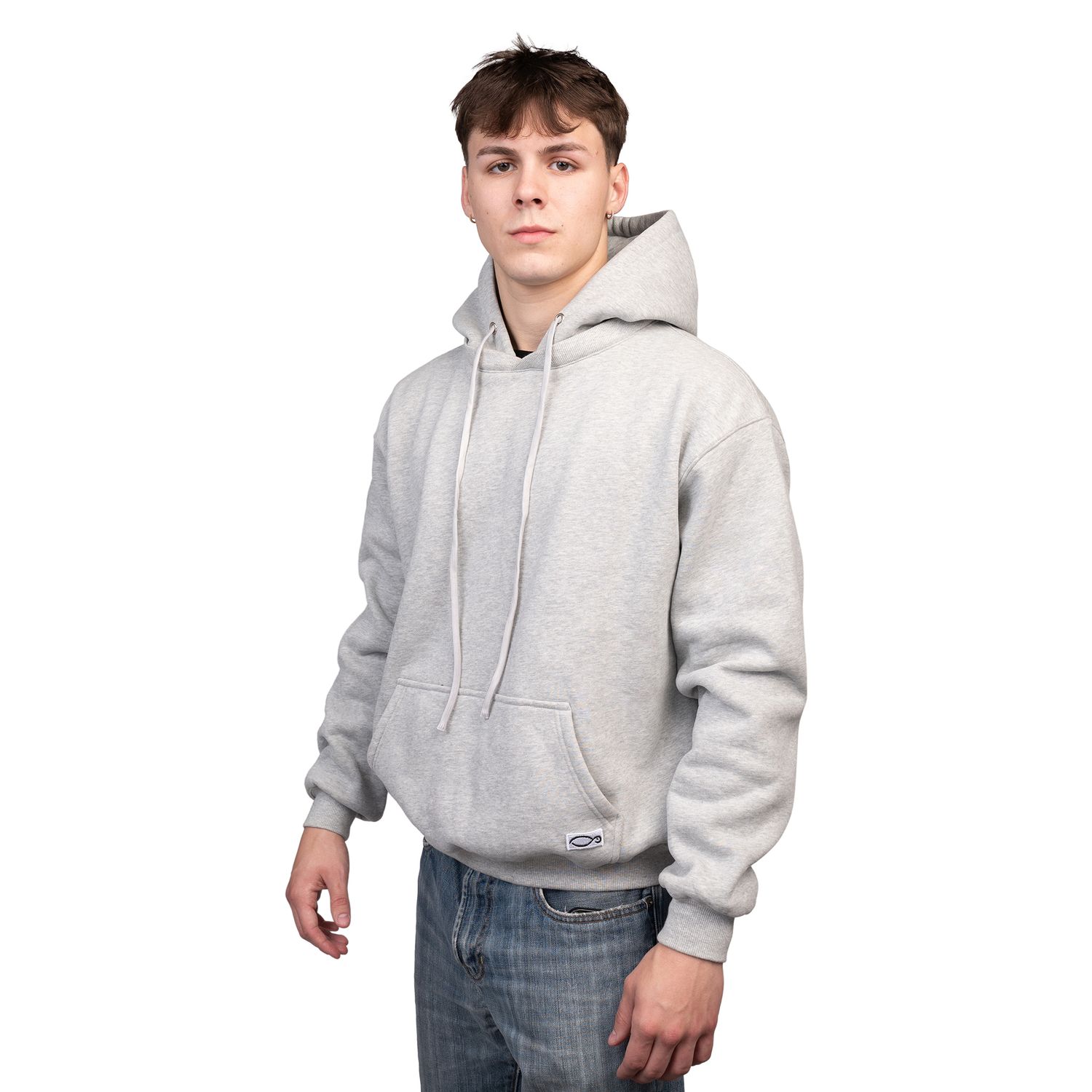 Person wearing a light gray hoodie sweatshirt with jeans shown from multiple angles.