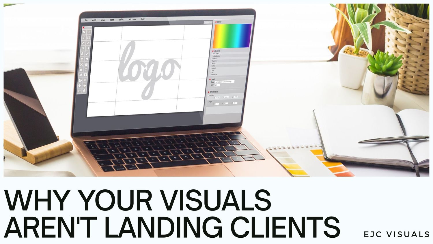 Professional laptop workstations with marketing strategy graphics displayed on multiple screens and devices.