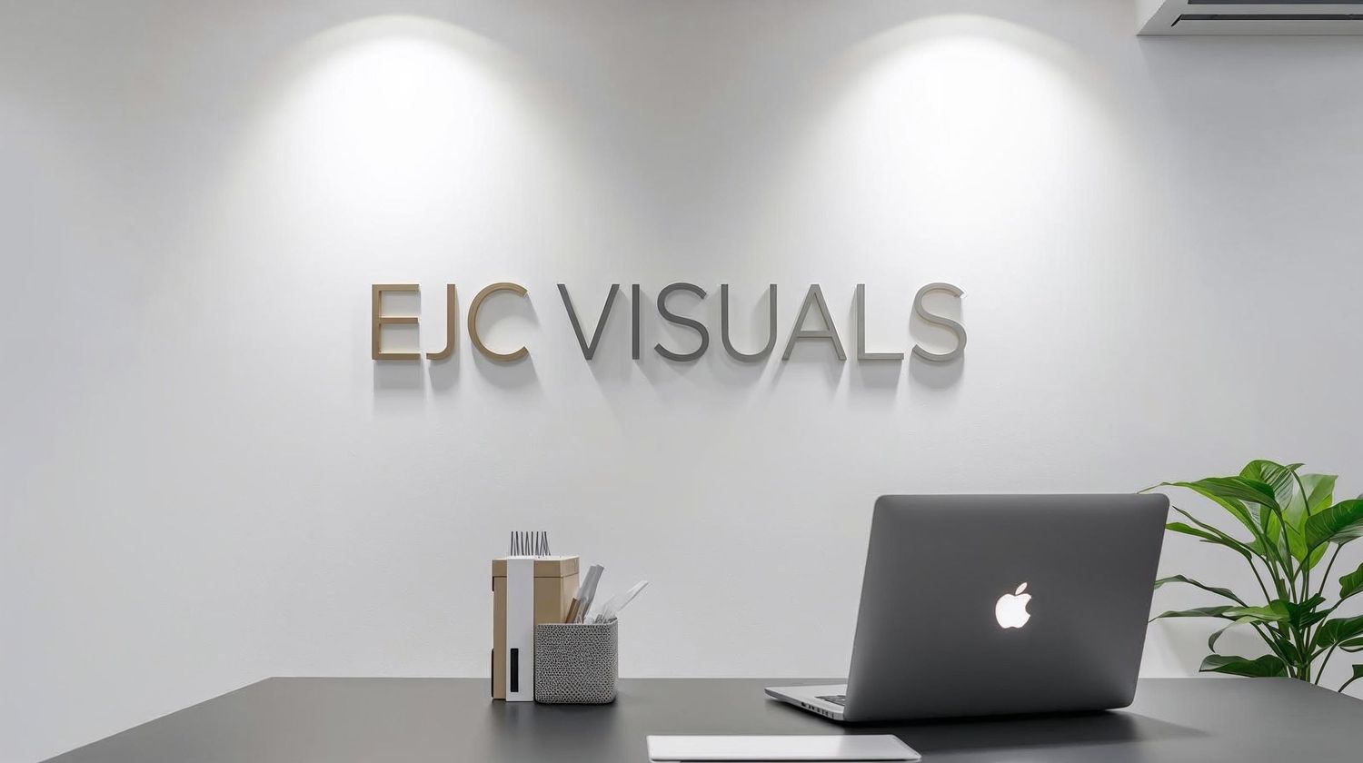 Modern office space with stylish white desks, laptops, plants and EJC Visuals branding on wall.
