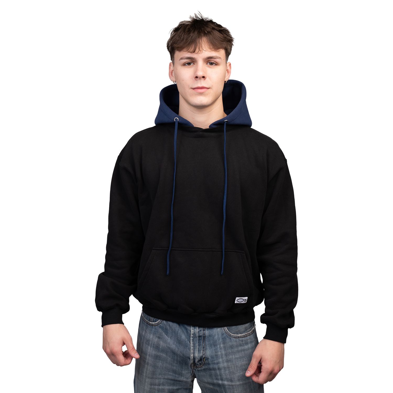 Young person wearing a black hoodie sweatshirt with blue drawstrings shown in multiple poses.