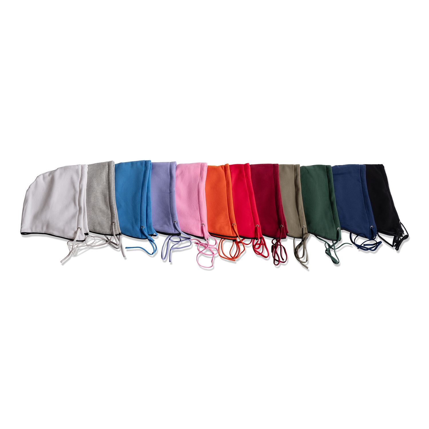 Row of colorful hooded sweatshirts displayed in various shades including blue, pink, red, and green.