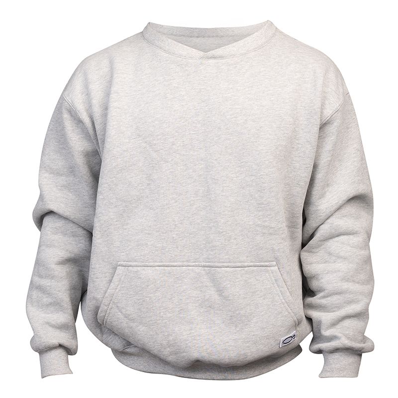 A row of light gray crewneck sweatshirts displayed on invisible mannequins showing different angles of the garment.