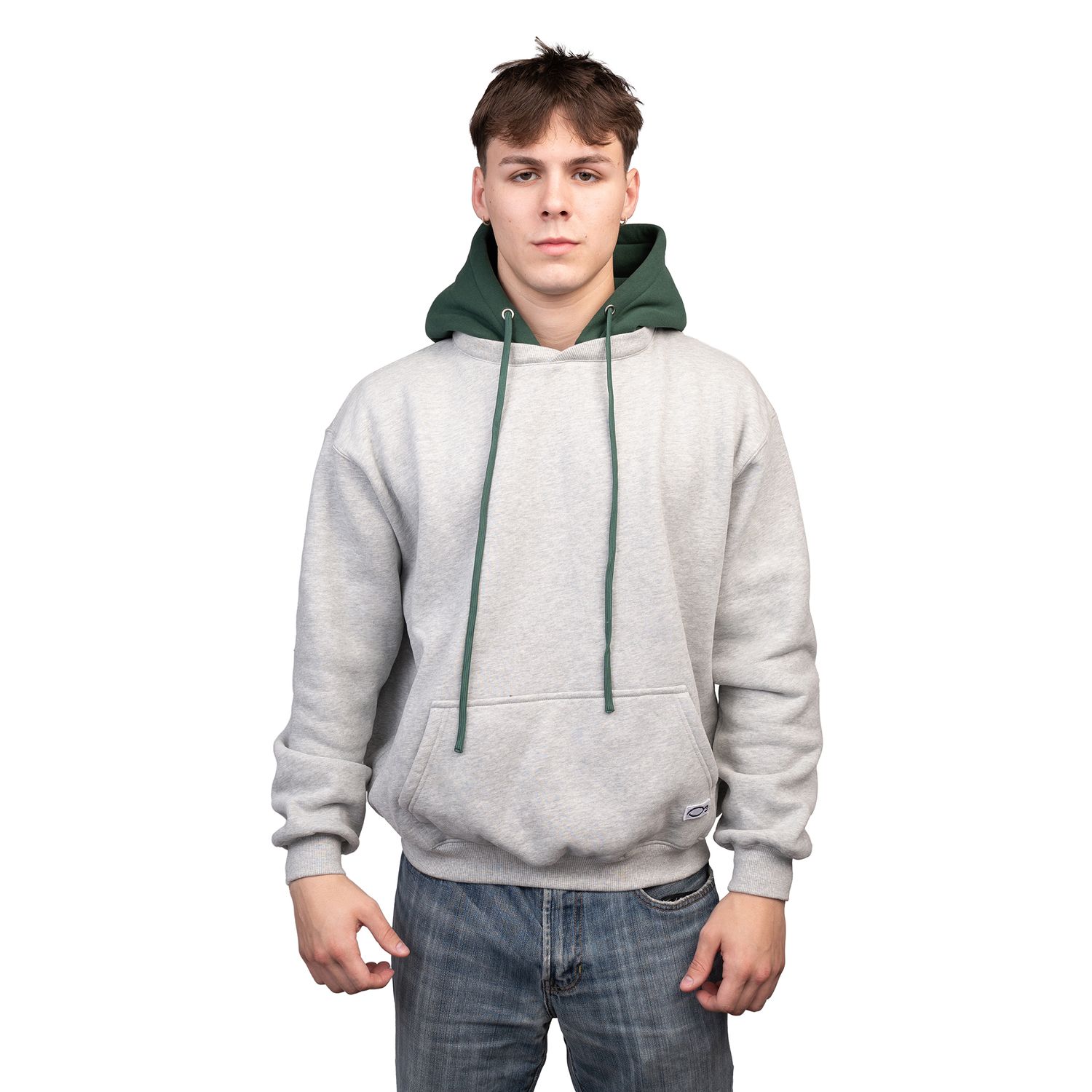 Individual wearing a heather gray hoodie with green drawstrings shown from different views.