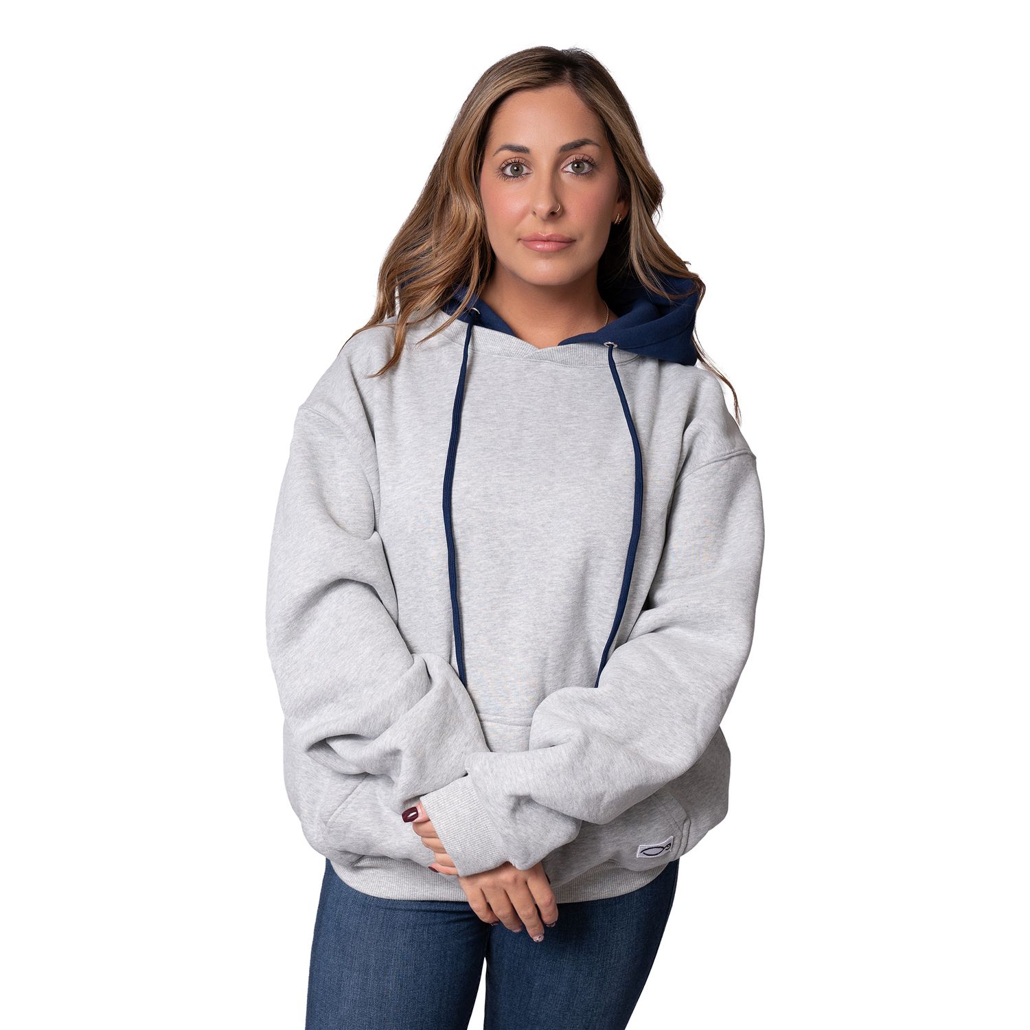 Person wearing a casual gray hoodie sweatshirt with navy blue accents shown from multiple angles.