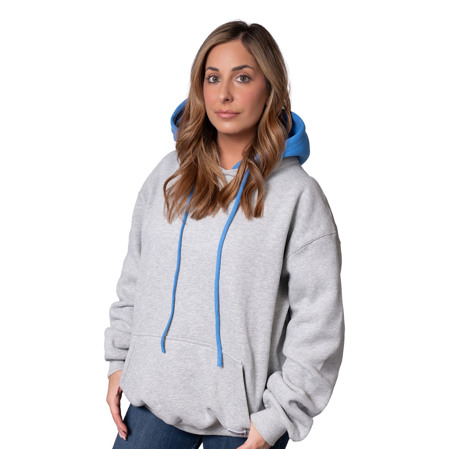 Athletic person wearing a cropped gray hoodie with blue drawstrings shown from multiple angles.