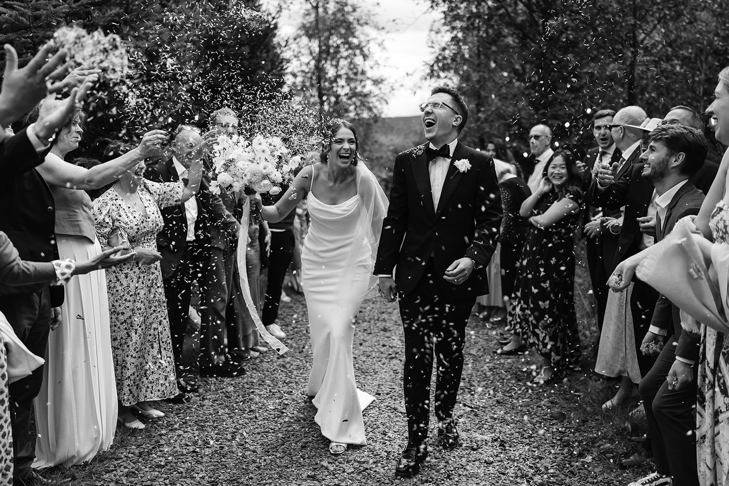 Confetti throw at wedding ceremony at Bowland Tipis, Preston.
