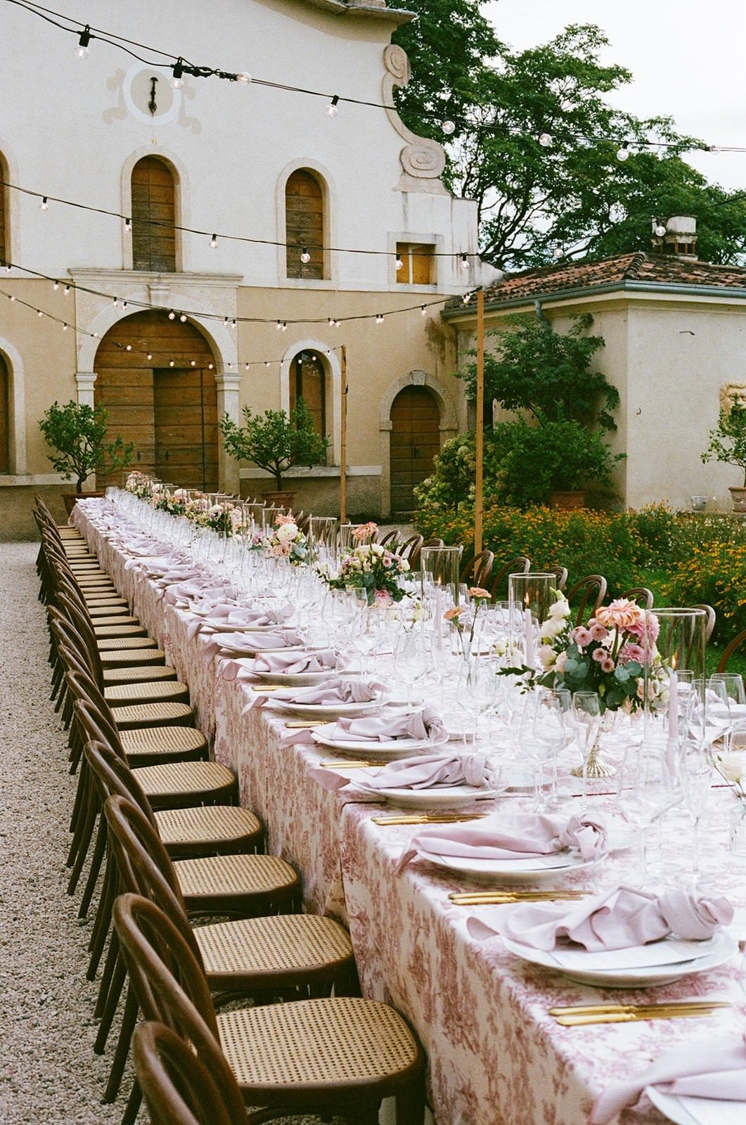Wedding breakfast table at destination wedding at Villa Pellegrini in Italy on 35mm Film.