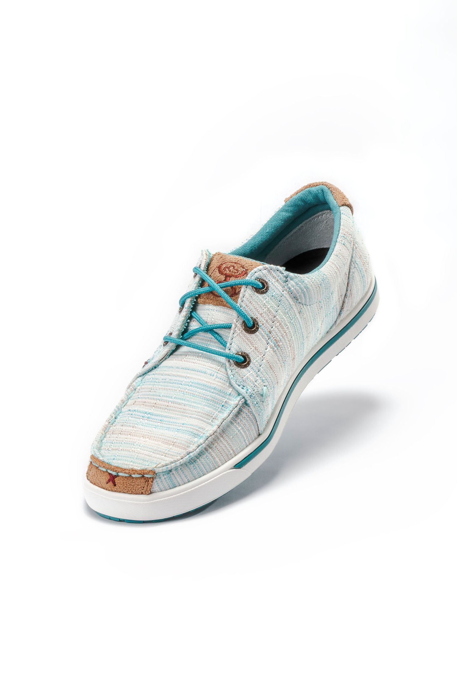A light gray casual boat shoe with turquoise laces and brown leather accents shown against white background.