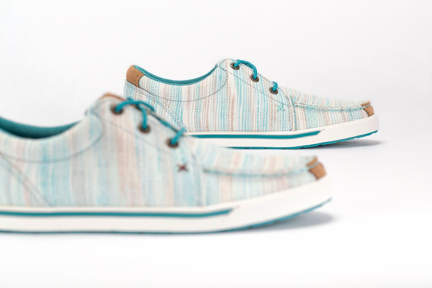 Stylish aqua blue canvas sneakers with pinstripe pattern and brown leather accents shown from multiple angles.