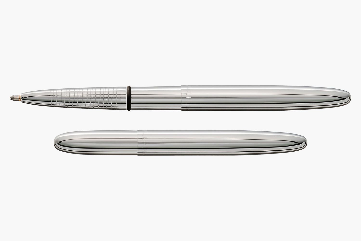 Three stainless steel writing pens with silver finishes displayed side by side in a horizontal layout.