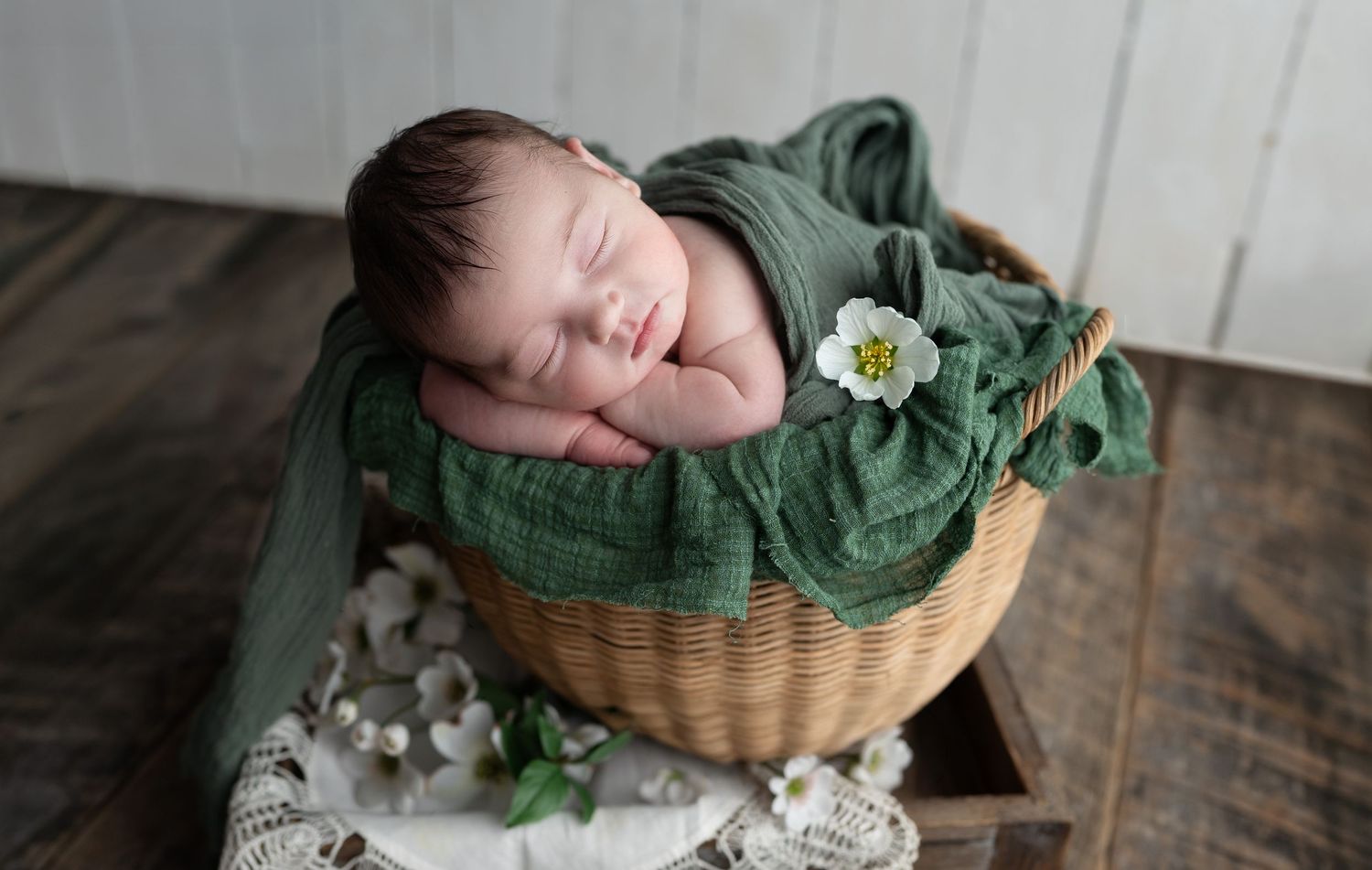 Baby girl asleep in basket. Newborn photography Baby pictures. Madison, WI