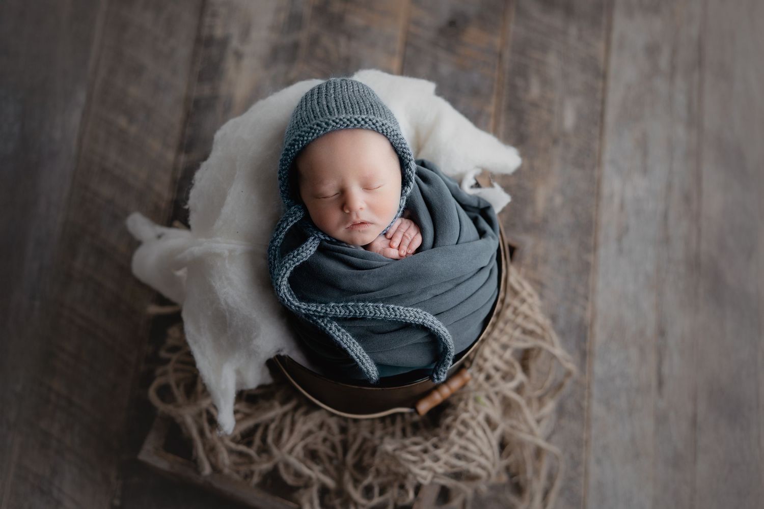 Sweet baby boy sleeping in a vintage pail. Hatched Newborn Photography. Madison, WI  Mount Horeb, WI Verona