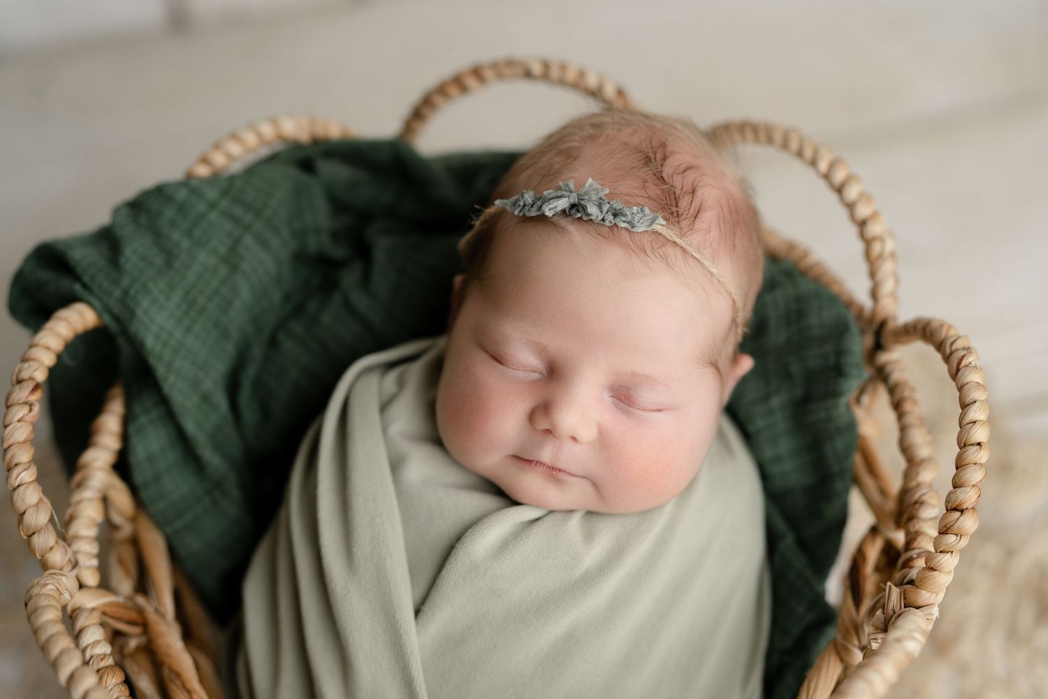 Newborn in prop basket, milestone session Madison, WI