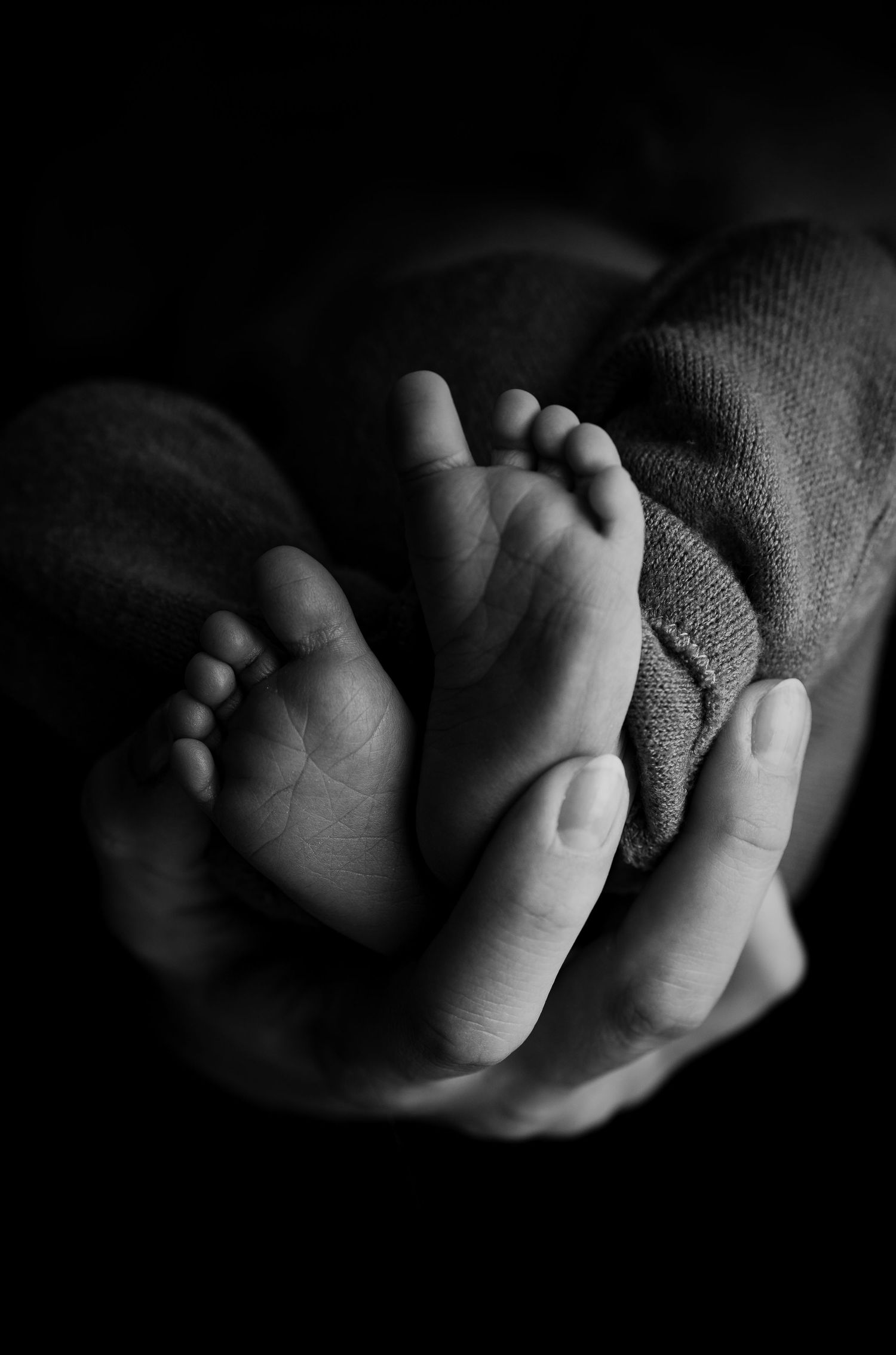 Dramatic black and white photo of a newborn in parent's hands. Hatched Newborns. Madison, Mount Horeb, Verona, Middleton,