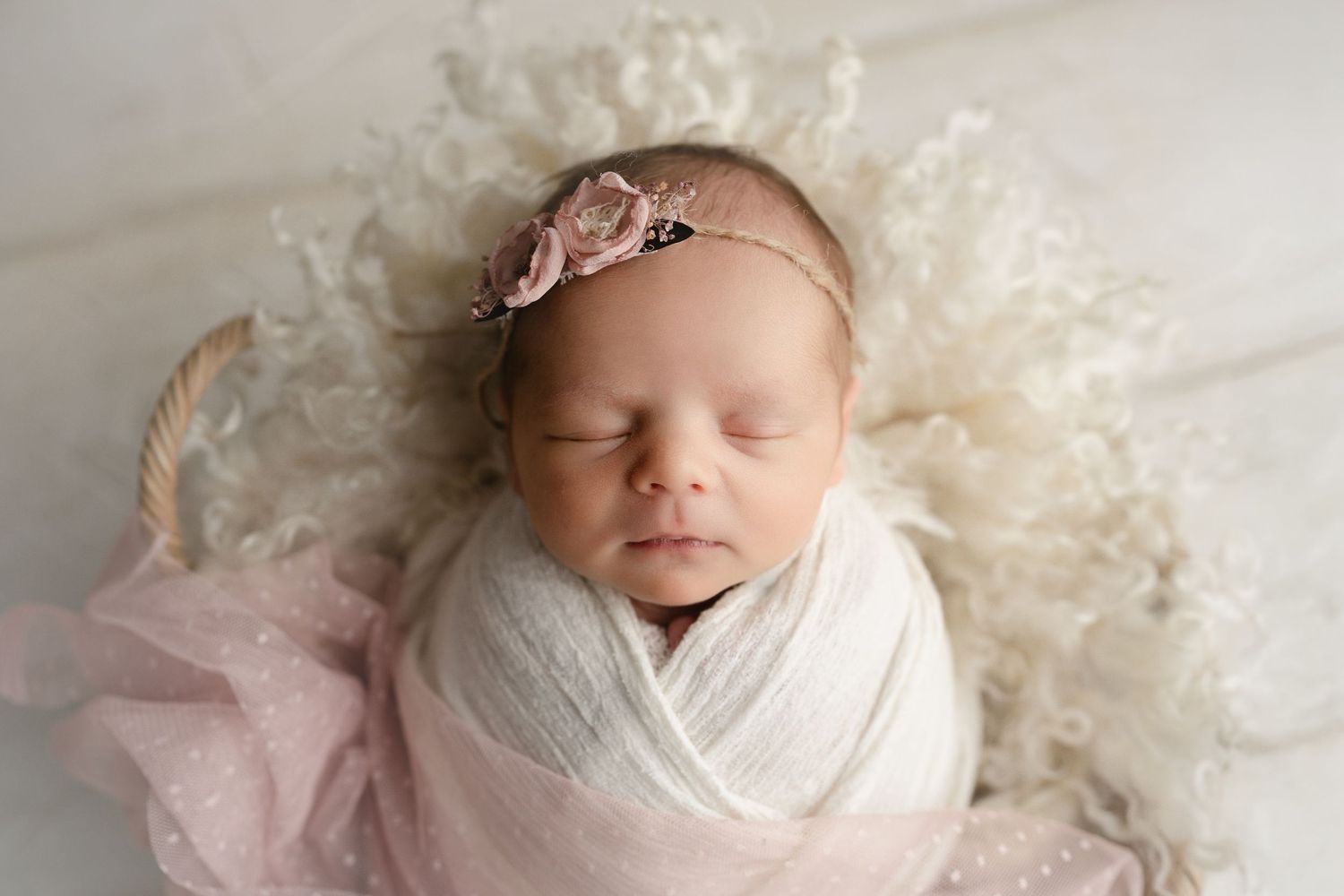 Newborn baby picture in pink and cream. Hatched Newborns, Madison WI