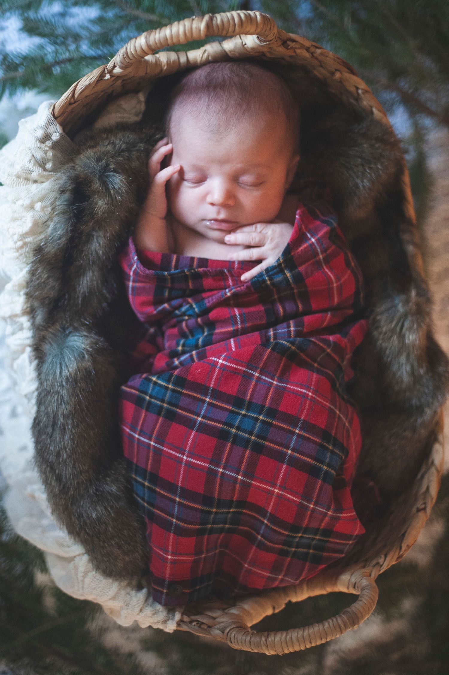 Sleeping newborn wrapped in red plaid blanket nestled in cozy fur-lined basket.