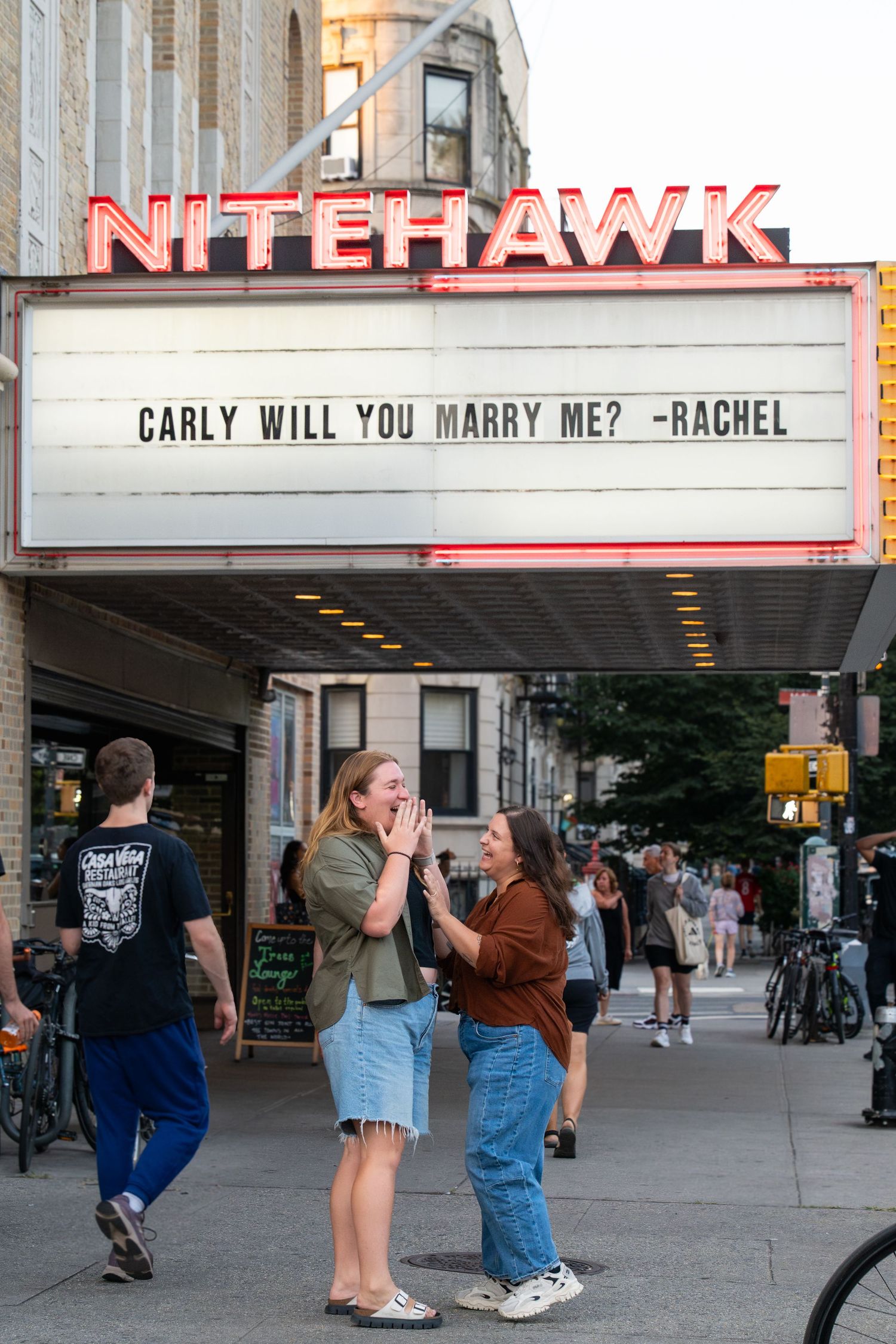 A marriage proposal message displayed on the Nitehawk Cinema marquee sign in Brooklyn.