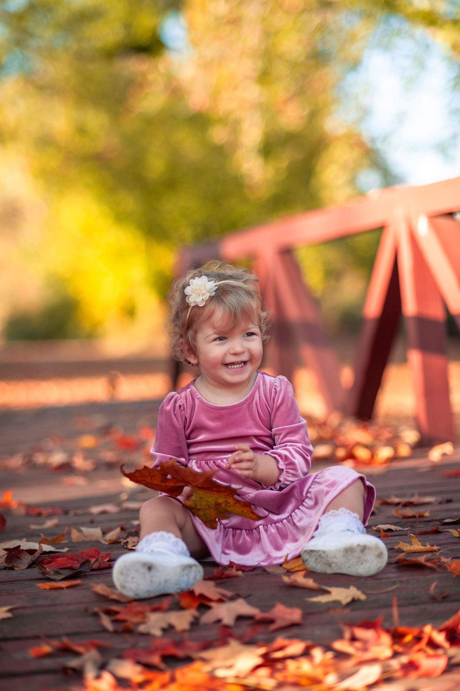 A series showing a small child in pink dress playing among autumn leaves on a wooden bridge.