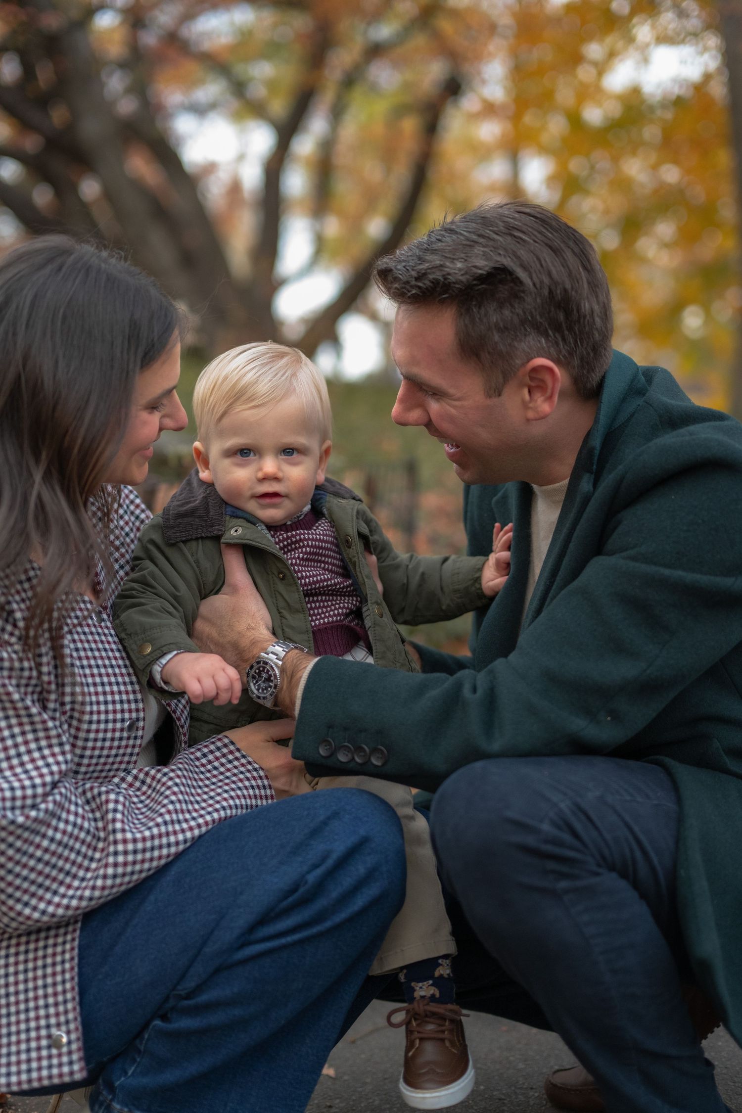 Candid family photo sequence captured during autumn with playful interactions.