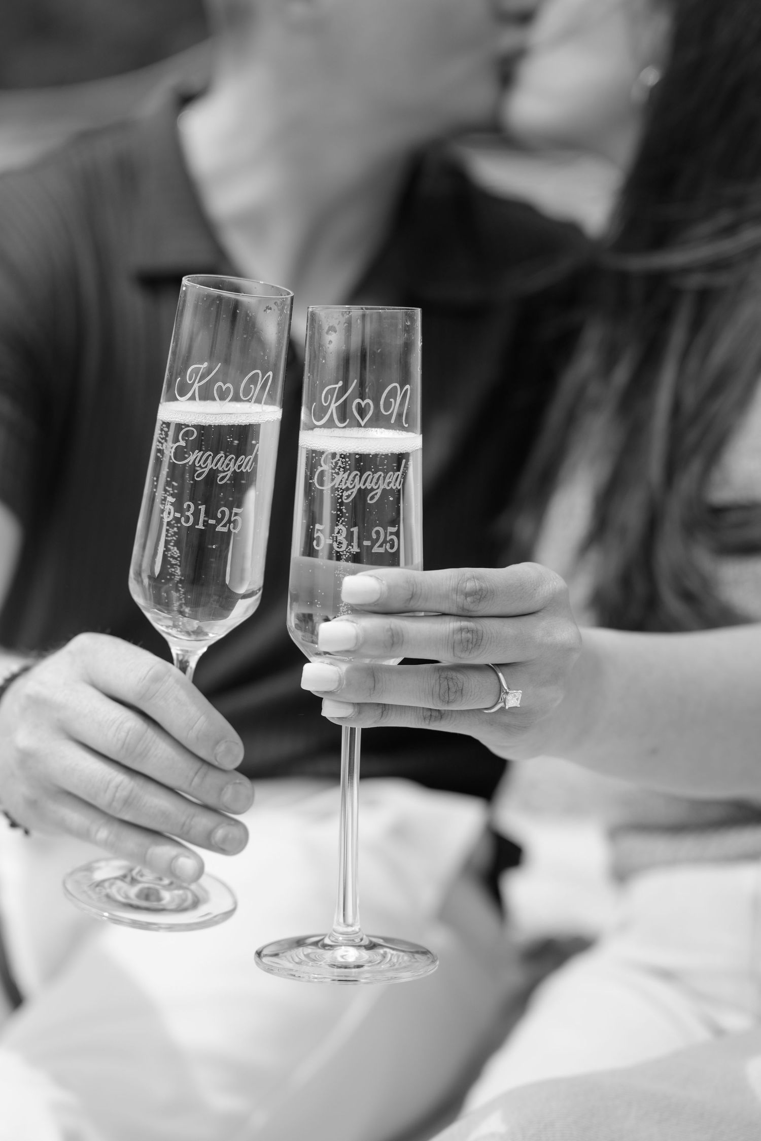 Black and white photo series showing wine glasses being held during a celebration.