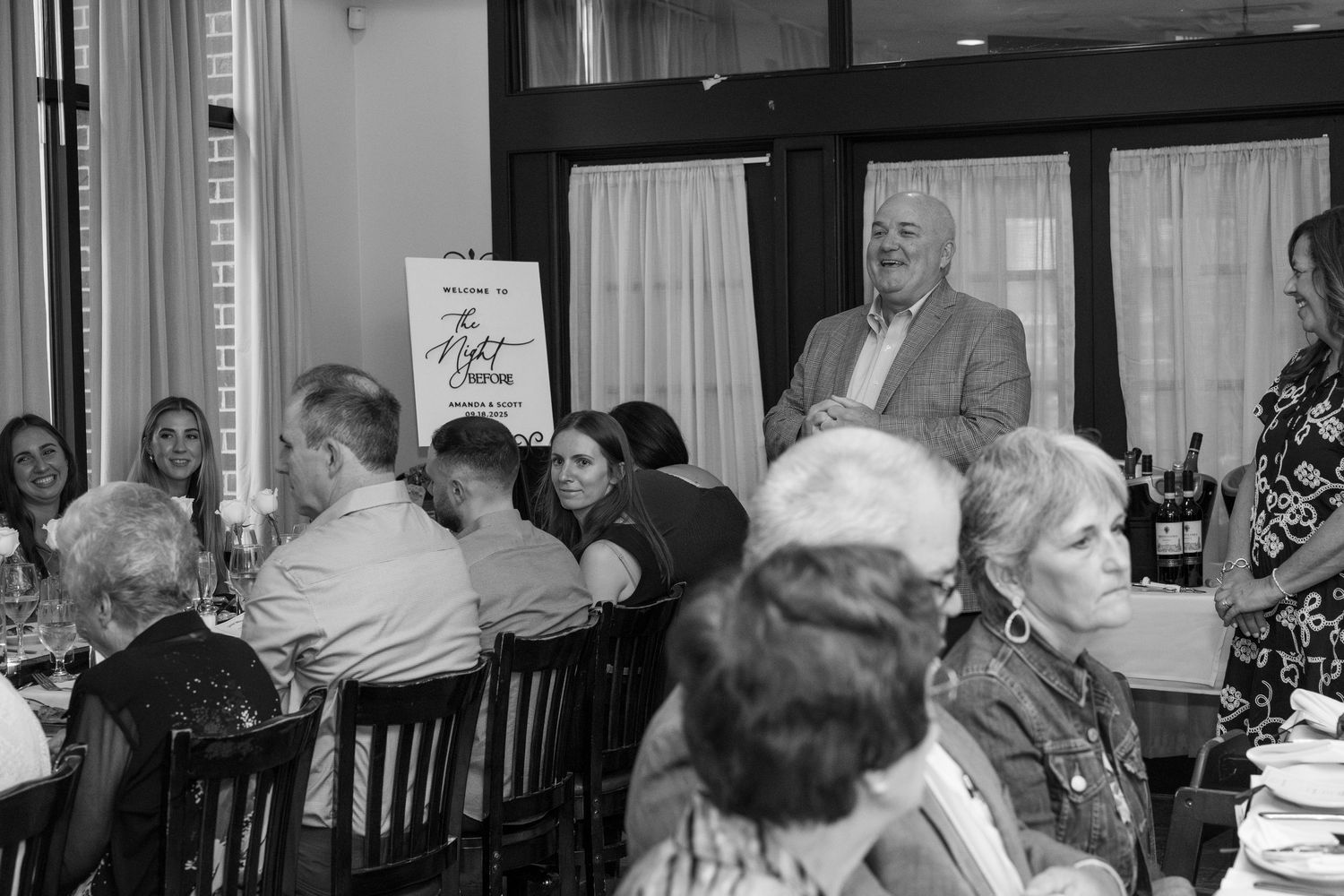 A collage of black and white photographs showing people gathered at what appears to be a social or family event.