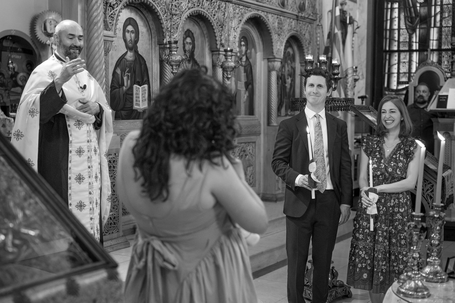 A collage of black and white photos showing people in formal attire at what appears to be a wedding celebration.