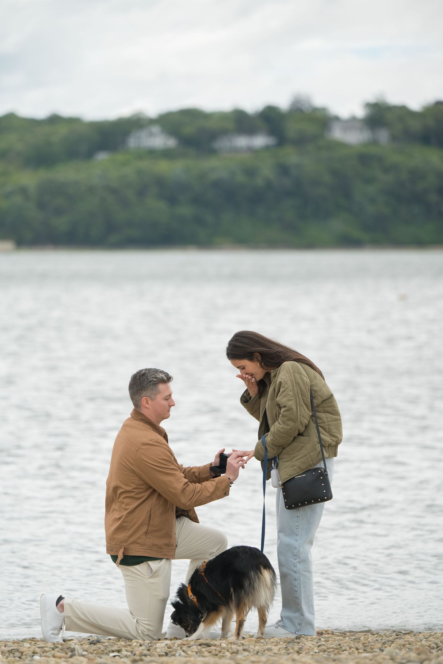 A couple shares a romantic moment with their dog on a beach during a marriage proposal by the water.