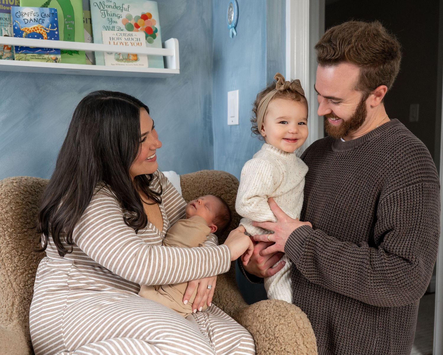 A series of candid photos showing tender family moments on a couch in a living room setting.