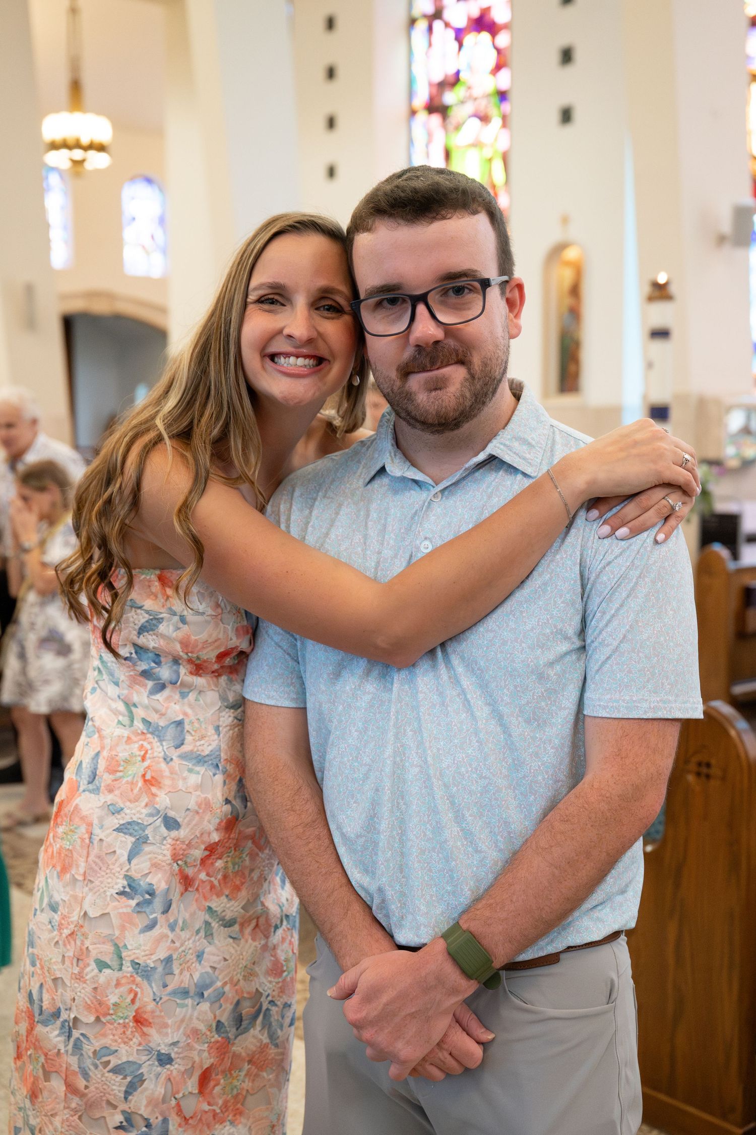 A sequence of candid moments captured inside a church with stained glass windows in the background.
