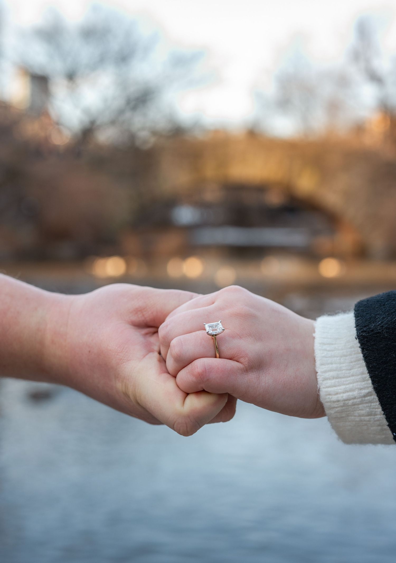 Two hands displaying an engagement ring touch tenderly with a blurred winter landscape behind.
