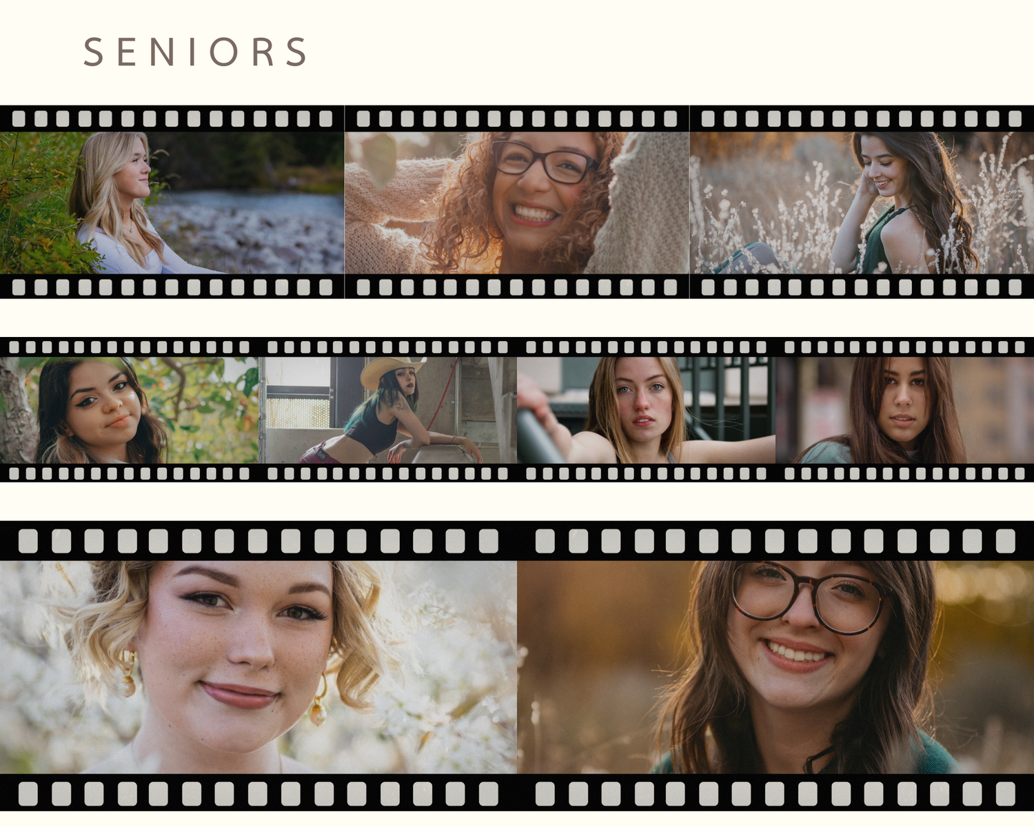 Film strip collage showcasing candid senior portrait moments in outdoor and indoor settings with natural lighting.