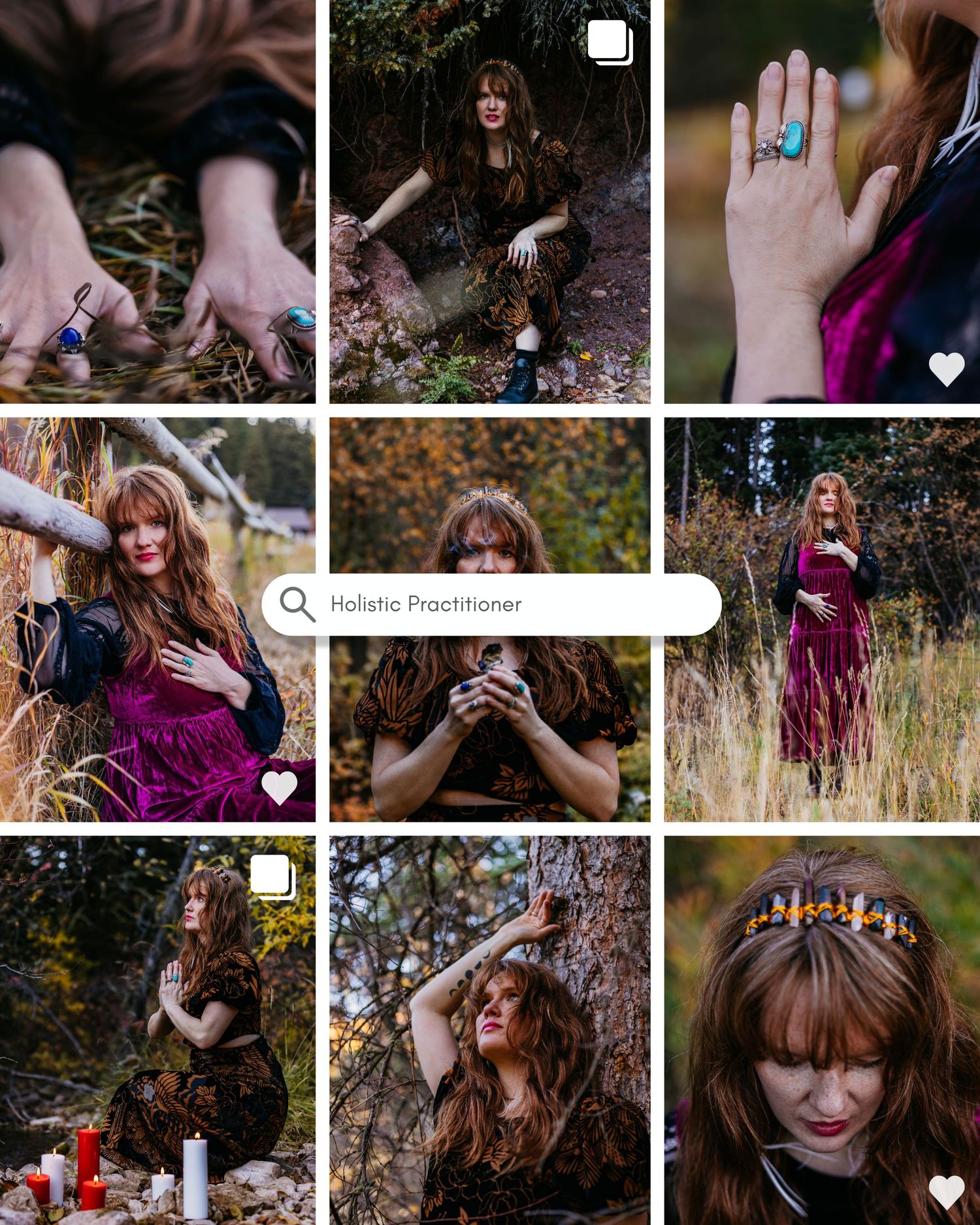 Moody outdoor photoshoot collection featuring purple dress and artistic nature compositions.