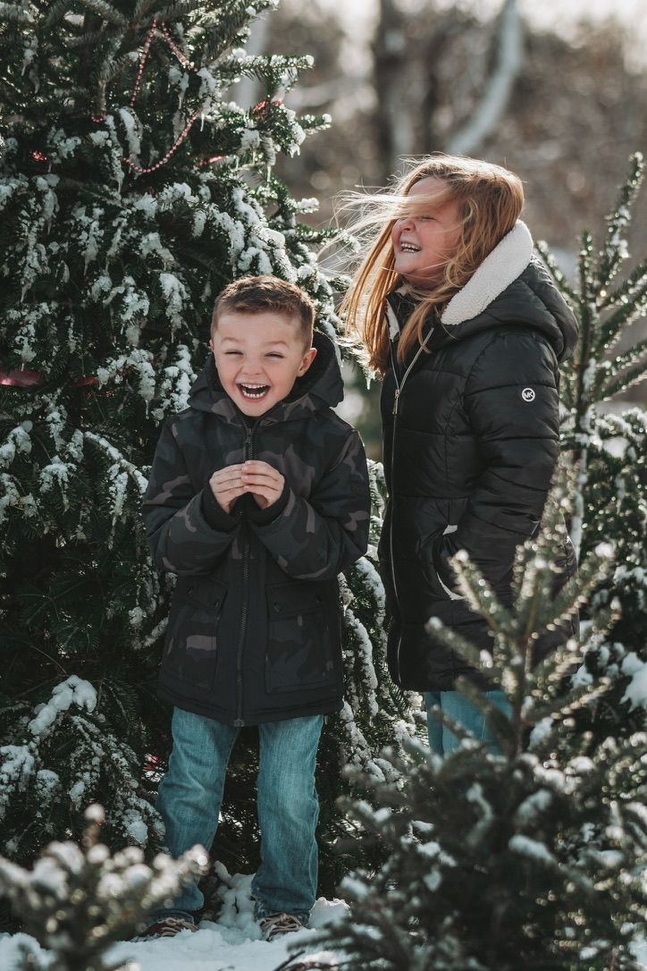 Playful winter scene among snow-covered evergreen trees.