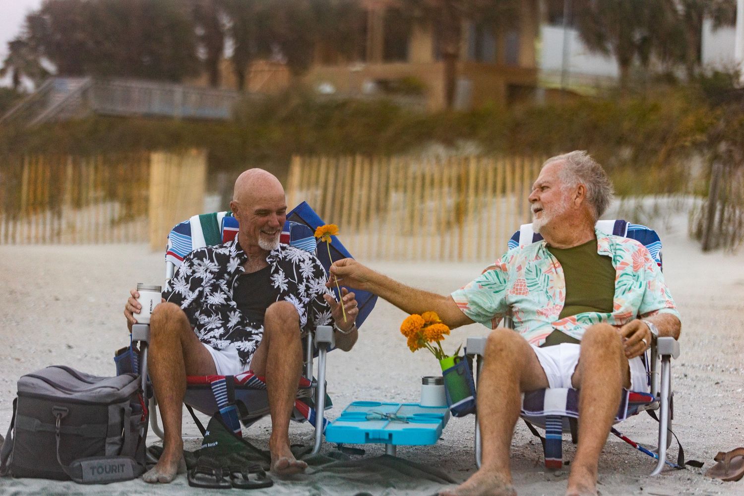 Two elderly men laughing and toasting drinks in beach chairs on a sandy beach with houses in the background.