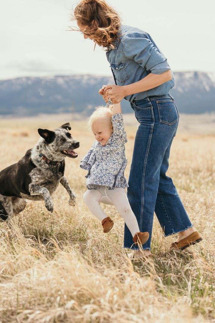 Candid moments of playtime with a dog running through tall grass.