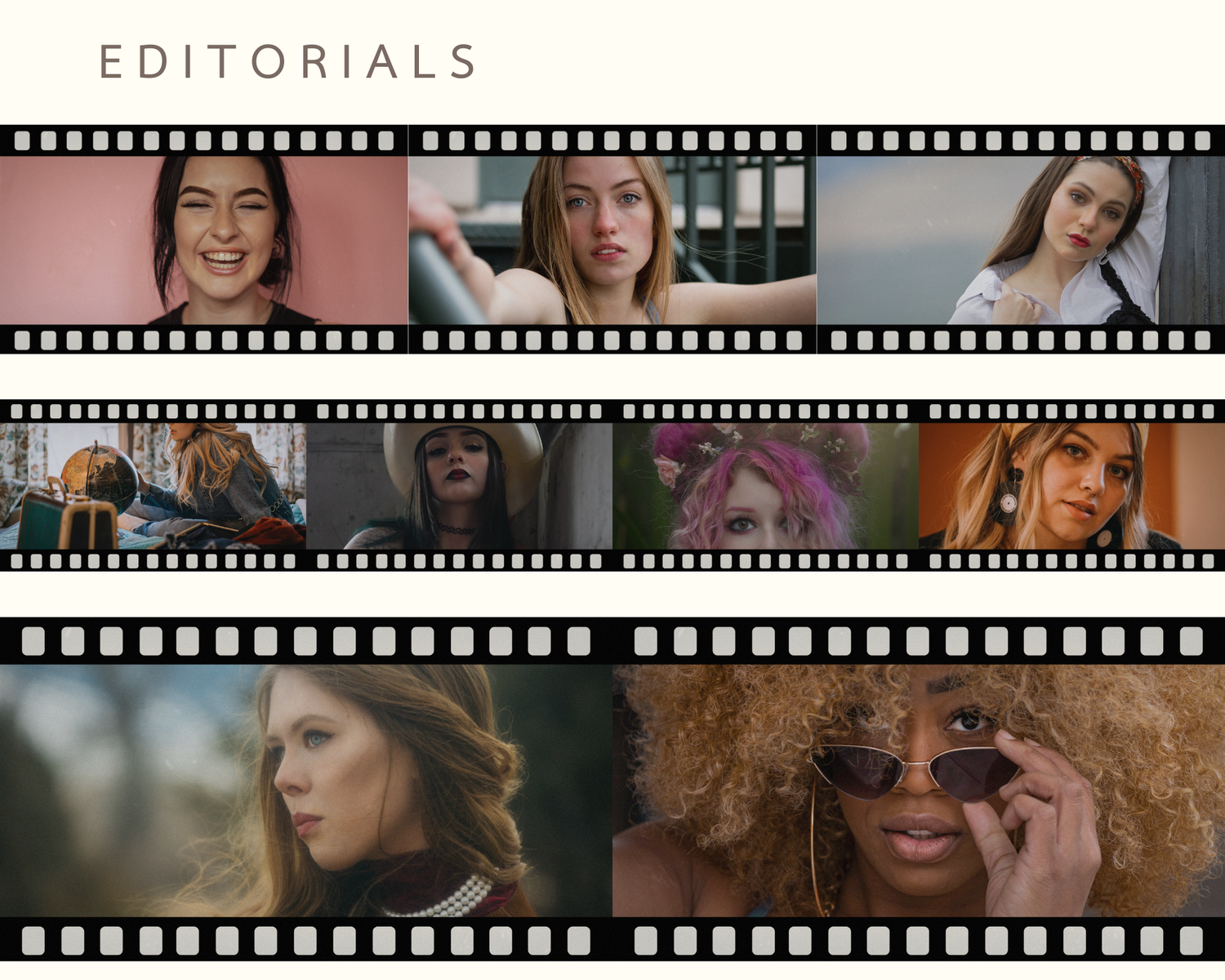 A collage of film strip frames showing various people in casual settings and editorial headshots.