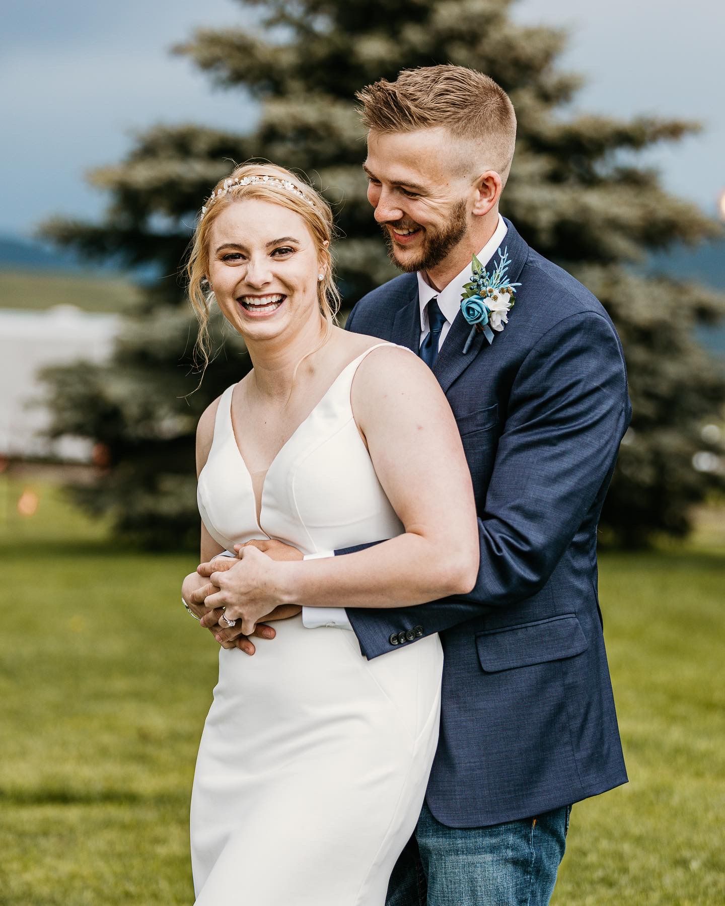 A series of candid wedding photos showing a joyful couple embracing outdoors on a grassy field.