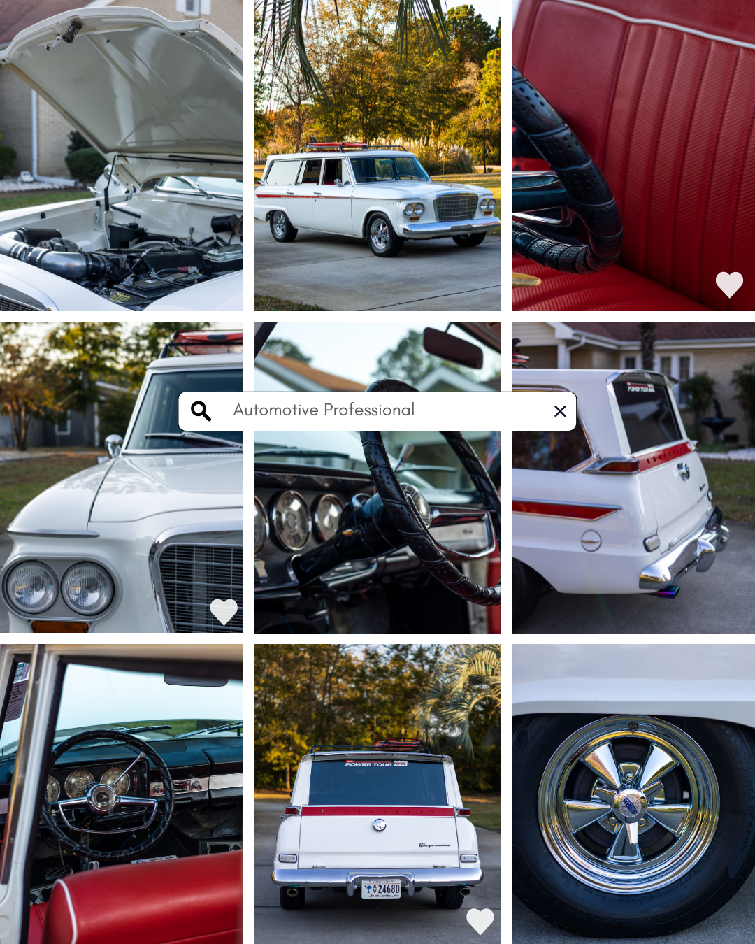 A collage of vintage car details showing red and white classic automobiles, chrome trim, wheels, and body panels.