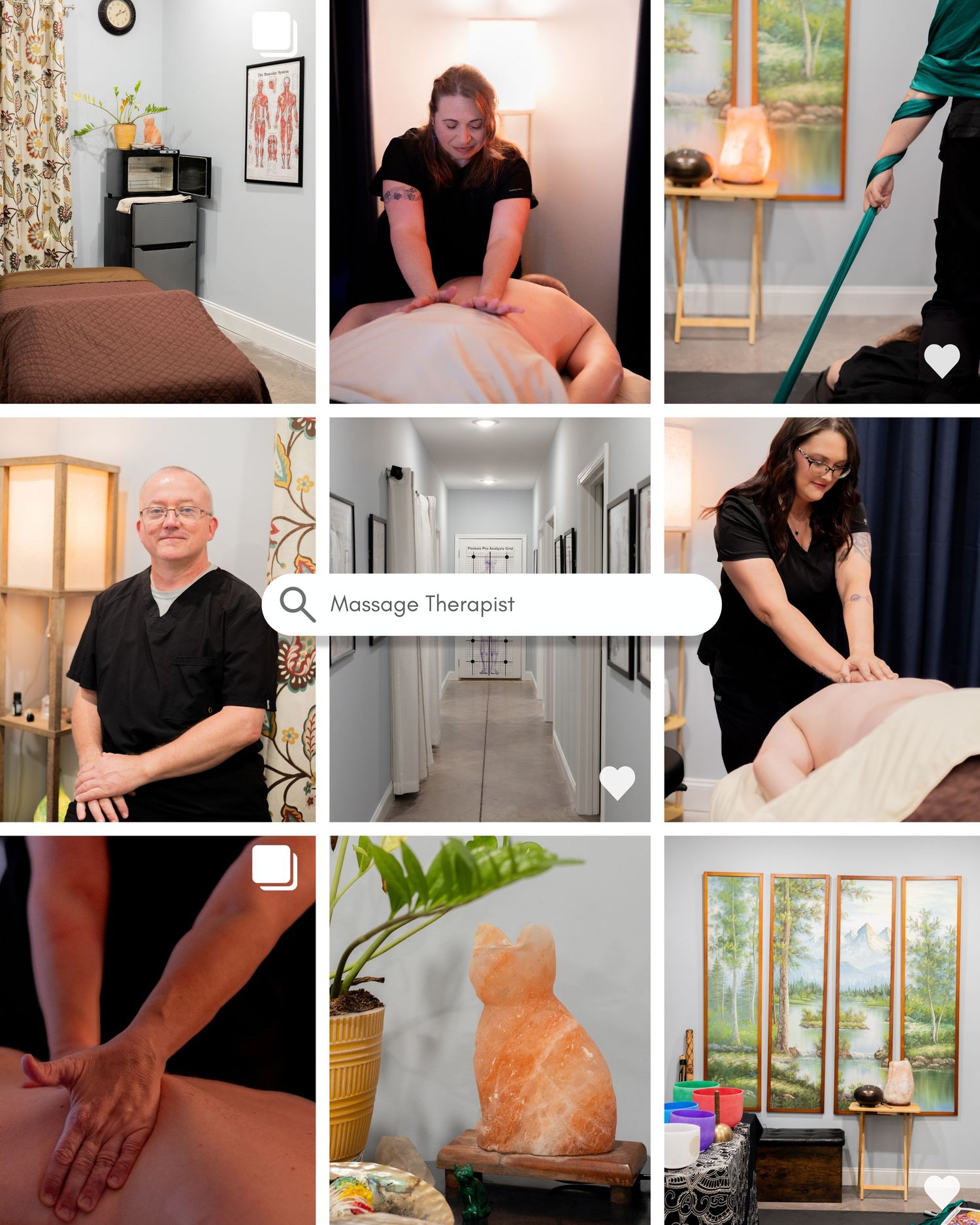 Collection of massage therapy and treatment room photos showing tables and equipment.