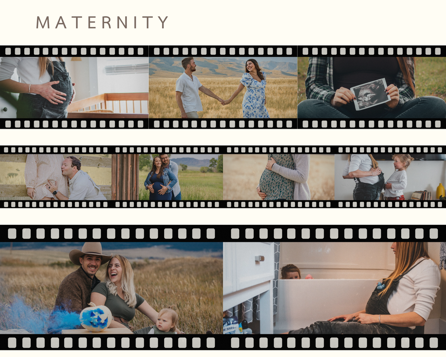 A filmstrip-style collage shows maternity and family moments with soft, muted tones and candid photography.